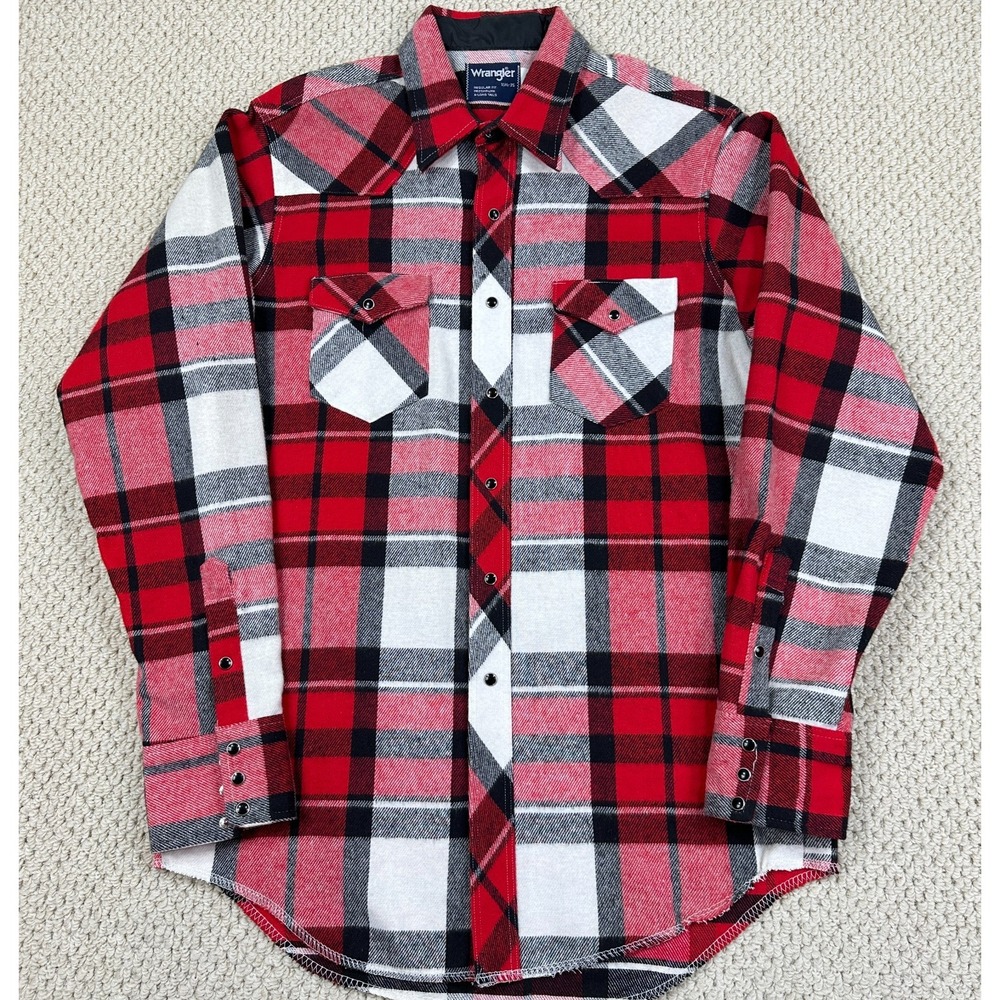 Vtg Wrangler Flannel Mens 16.5x35 (Large Reg) X-Long Red Plaid Pearl Snap Shirt
